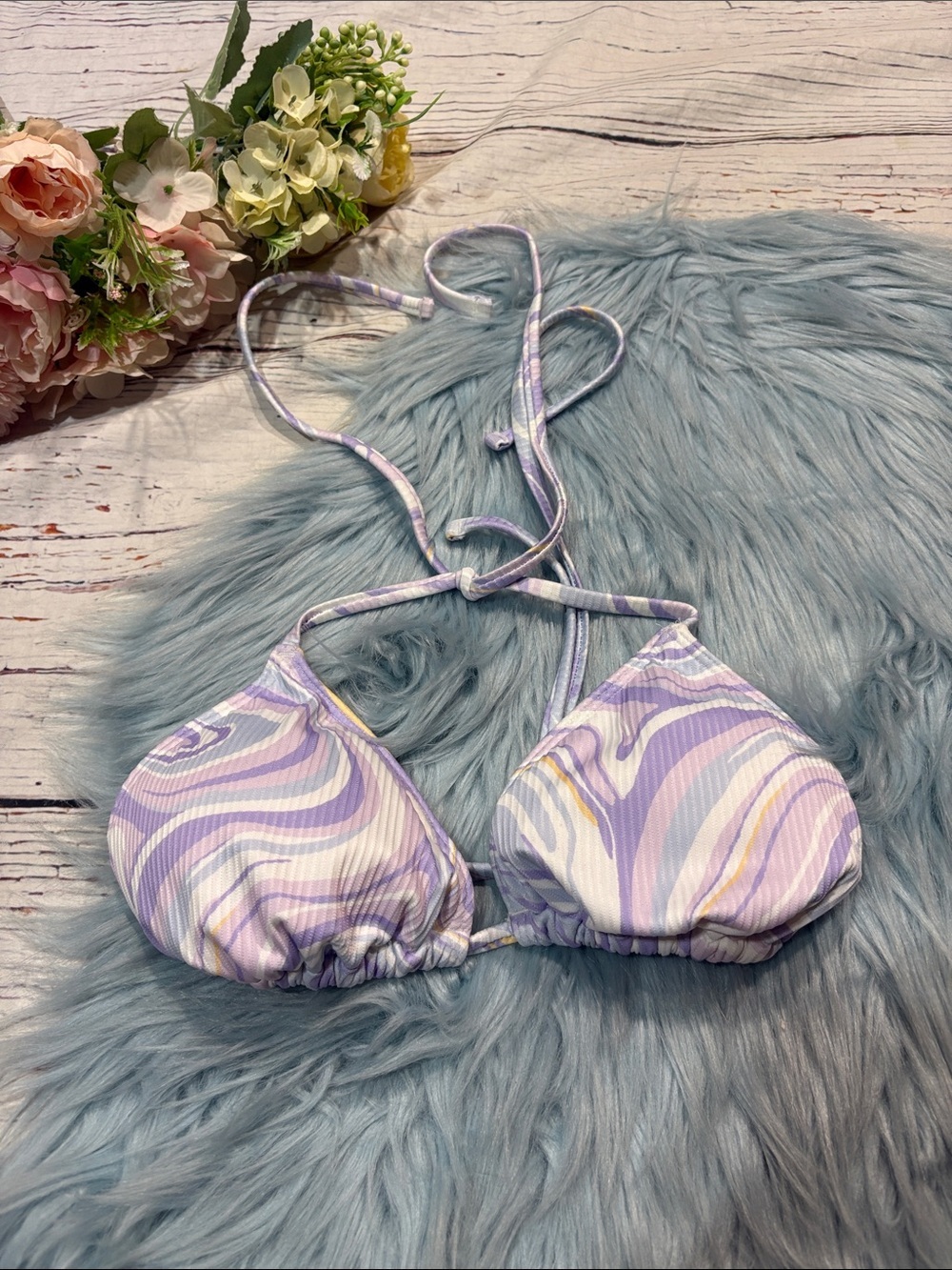 NWT Hollister Lavender White Marble Ribbed Triangle Bikini Top